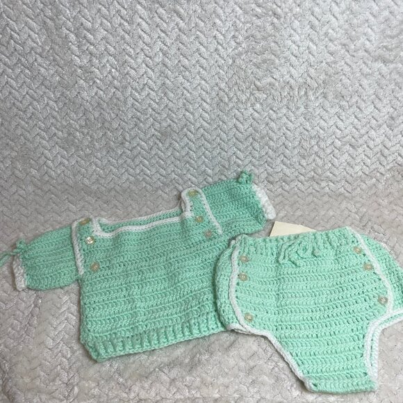 Vintage Handmade Light Green Knitted 2 piece Infant Outfit OS OOAK - Picture 2 of 10